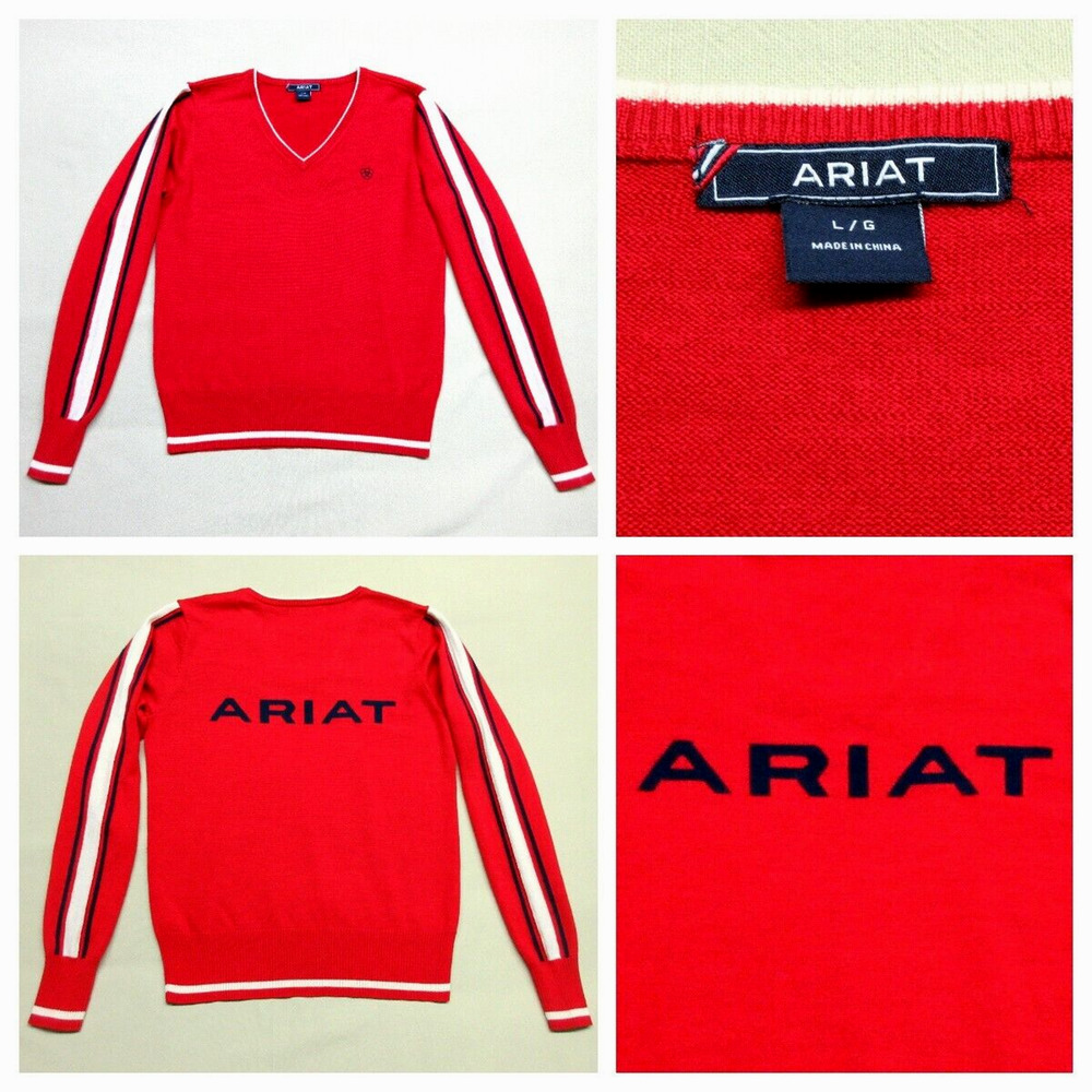 ARIAT Womens Large V-Neck Logo Red-White-Blue Longsleeve Knit Sweater Top